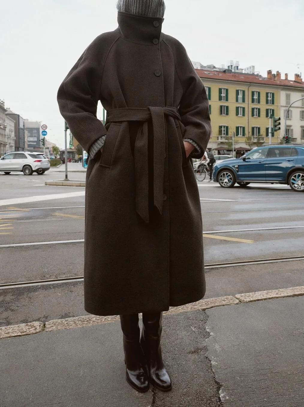 Women's Stand Collar Belt Overcoat Coat - Brown