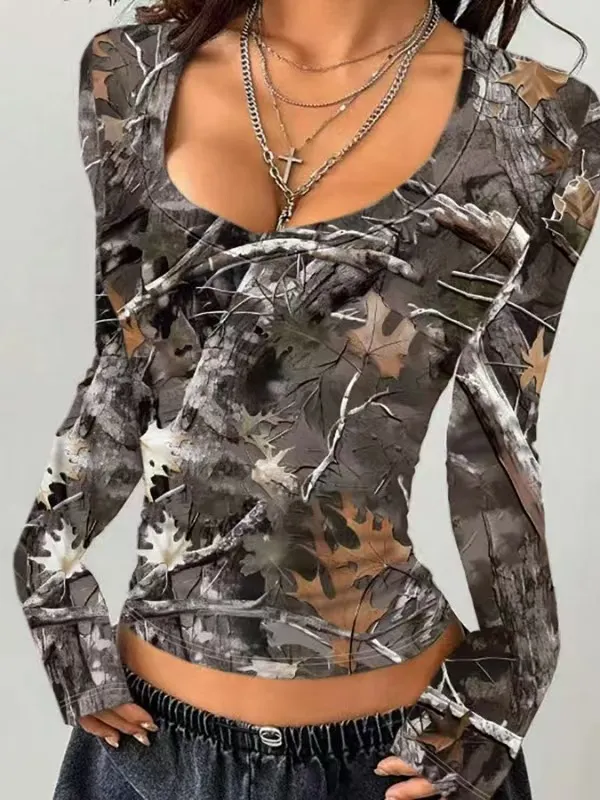 Women's Design Camouflage Long Sleeve Dark Grey - Shop at LoveMi