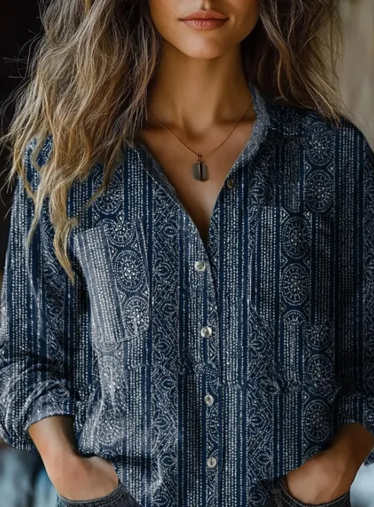 Women's Navy Striped Print Casual Long Sleeve Cotton Shirt Blue - Shop at LoveMi