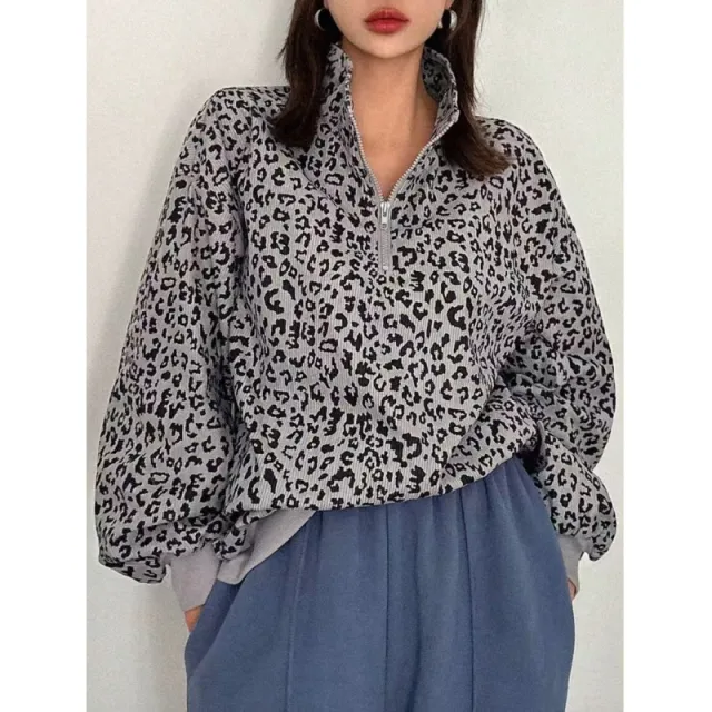 Casual Leopard Print Pattern Corduroy Zipper Sweater Silver Grey - Shop at LoveMi