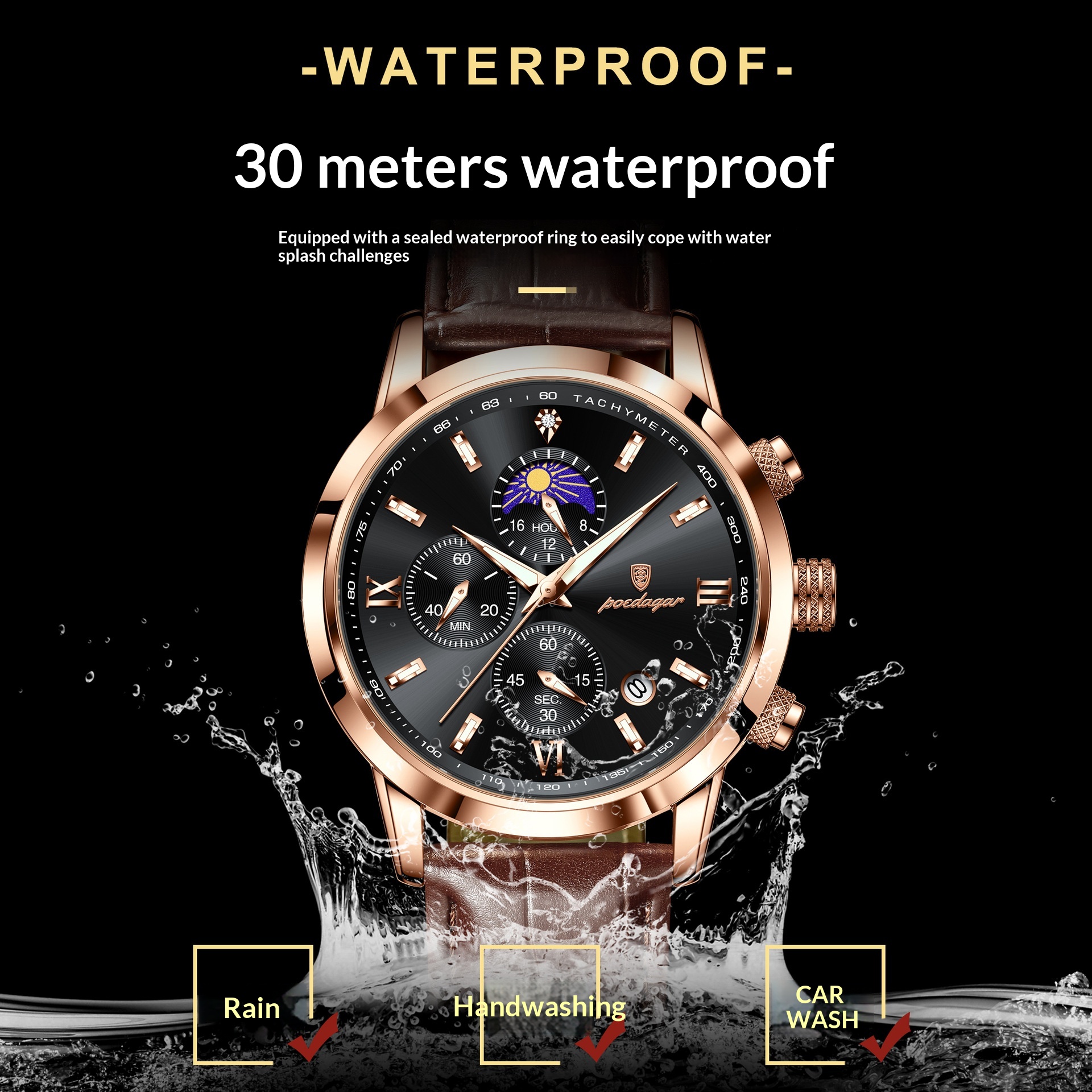 Moon phase Multi Function Quartz watch for Men