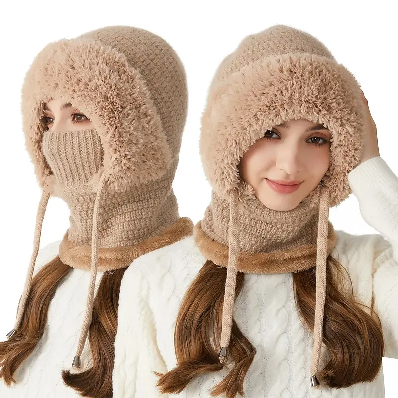 Knitted Hat For Women, Winter Integrated Scarf Beanie