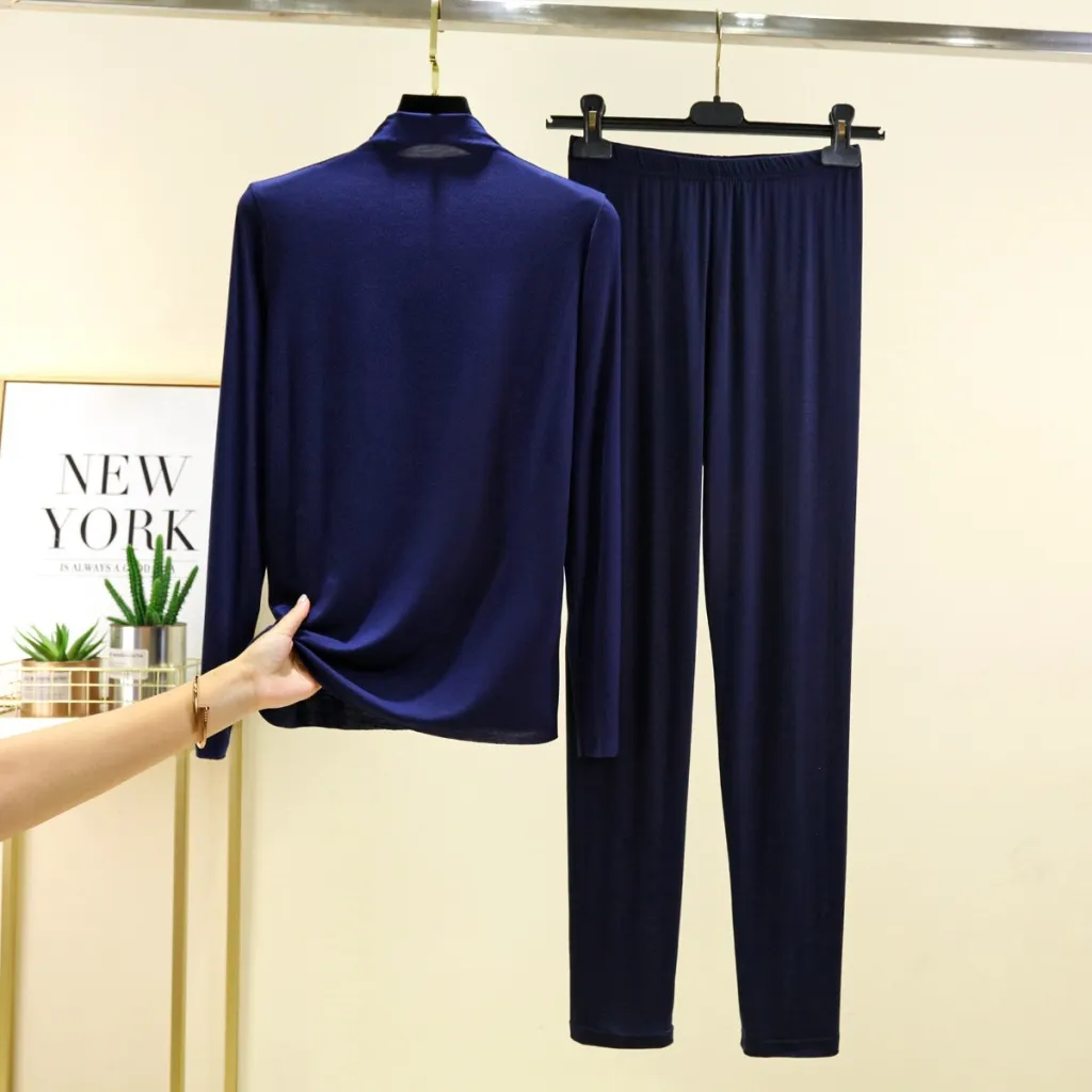 Long Sleeve Modal Semi-high Neck Base Set - Navy Blue