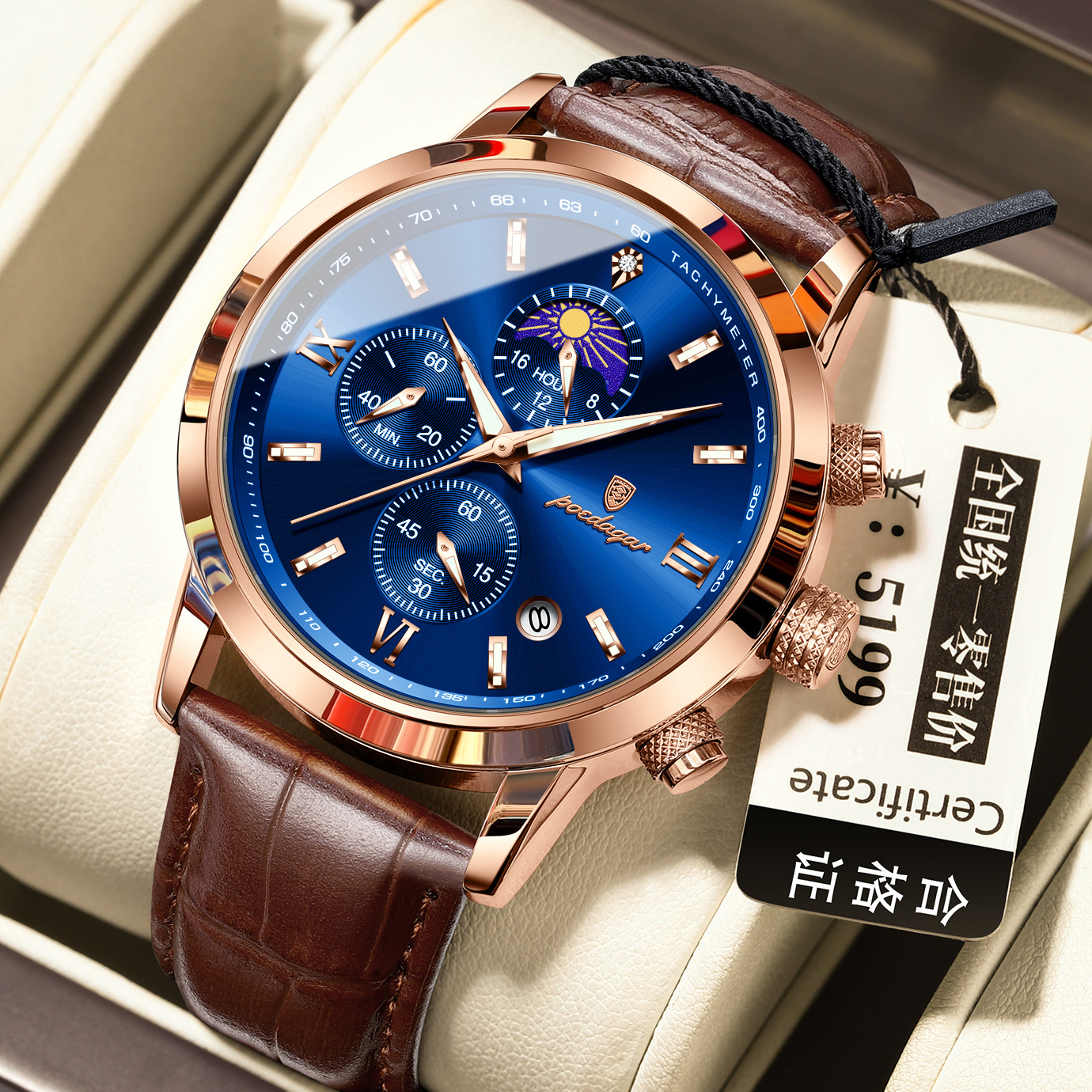 Moon phase Multi Function Quartz watch for Men