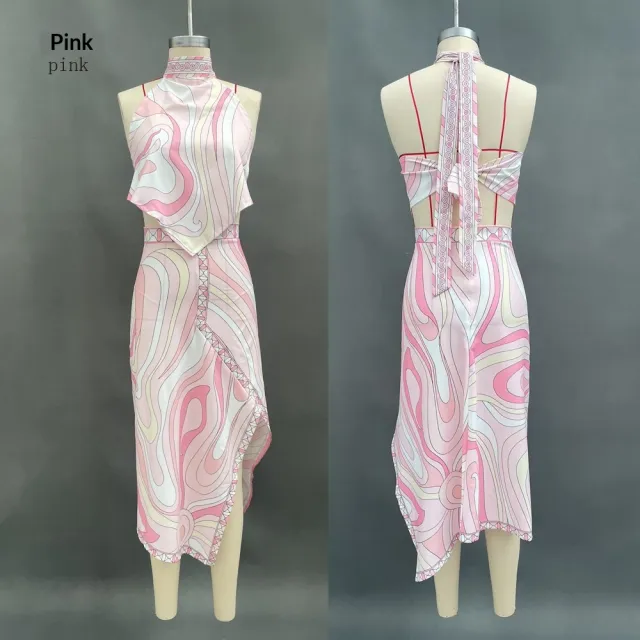 Women's Printed Satin Tie up Top And Skirt Two piece Set Pink - Shop at LoveMi