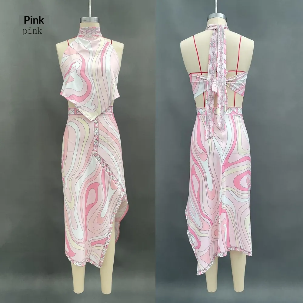Women's Printed Satin Tie-up Top And Skirt Two-piece Set - Pink