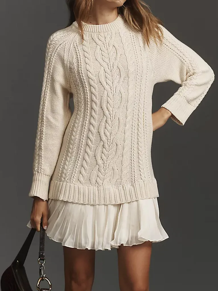 Round-neck Twisted Knit Chiffon Spliced Sweet Mini Dress - Beige