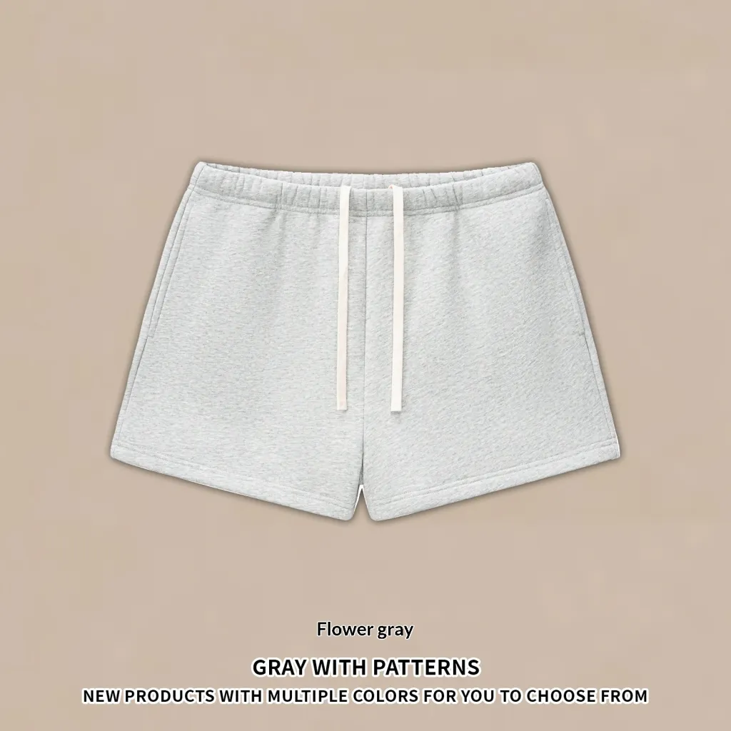 Half-high Neck American Fleece Sweatshirt Shorts Set - Flower Gray Shorts