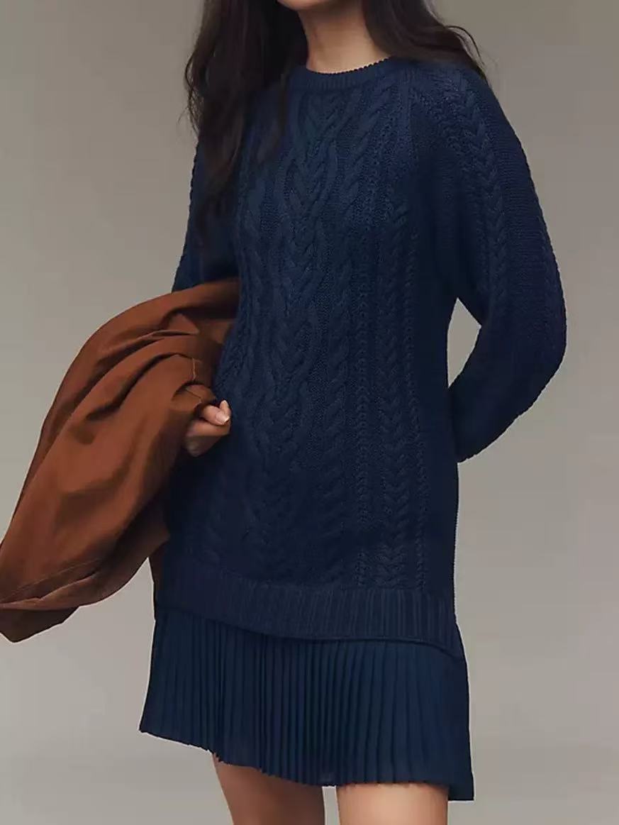 Round neck Twisted Knit Chiffon Spliced Sweet Mini Dress Navy - Shop at LoveMi