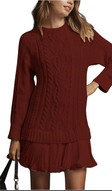 Round neck Twisted Knit Chiffon Spliced Sweet Mini Dress Red - Shop at LoveMi