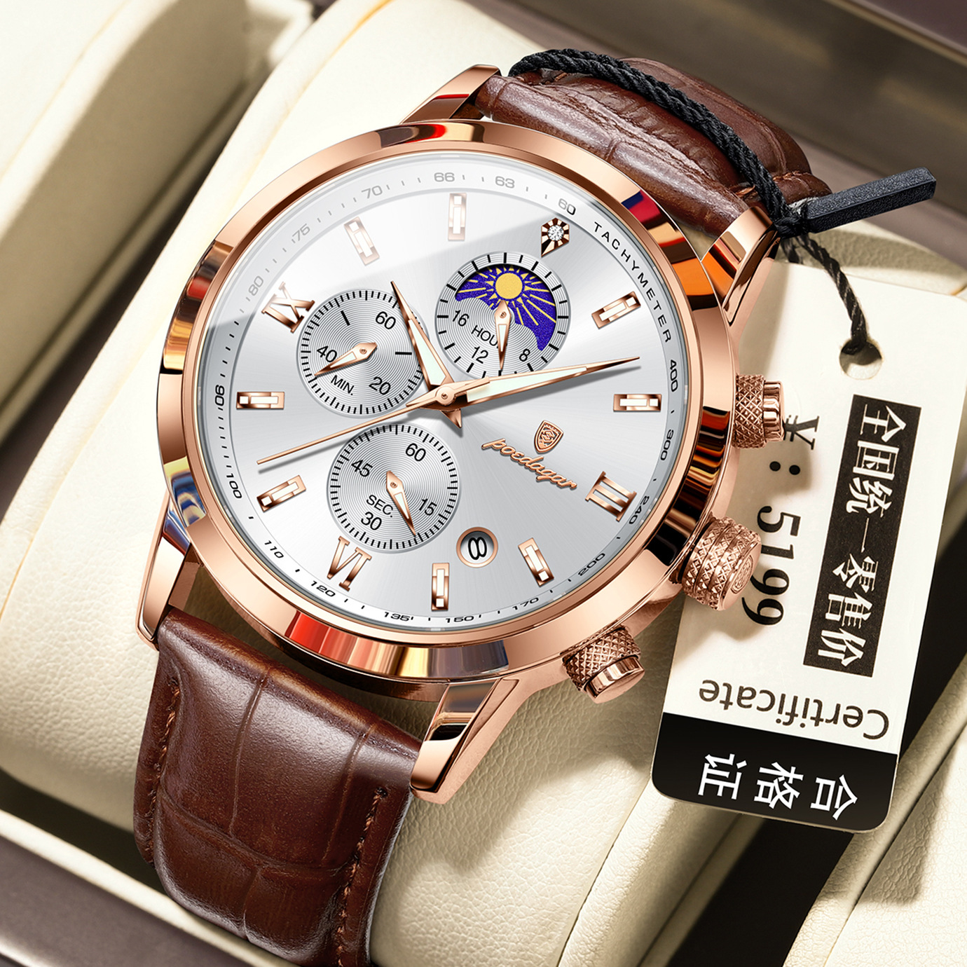 Moon phase Multi Function Quartz watch for Men