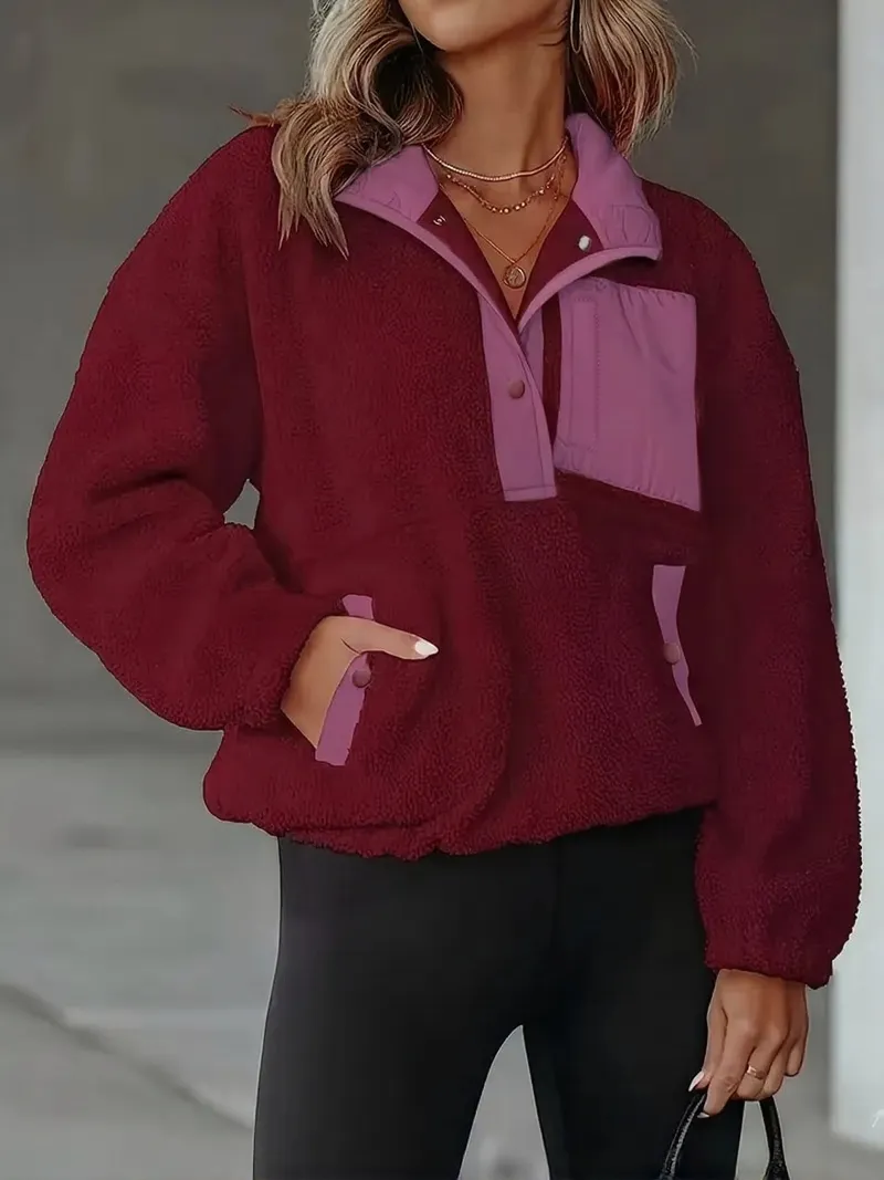 Women's Fashion Sweatshirt Fleece Stand Collar Zipper Pocket Top - Wine