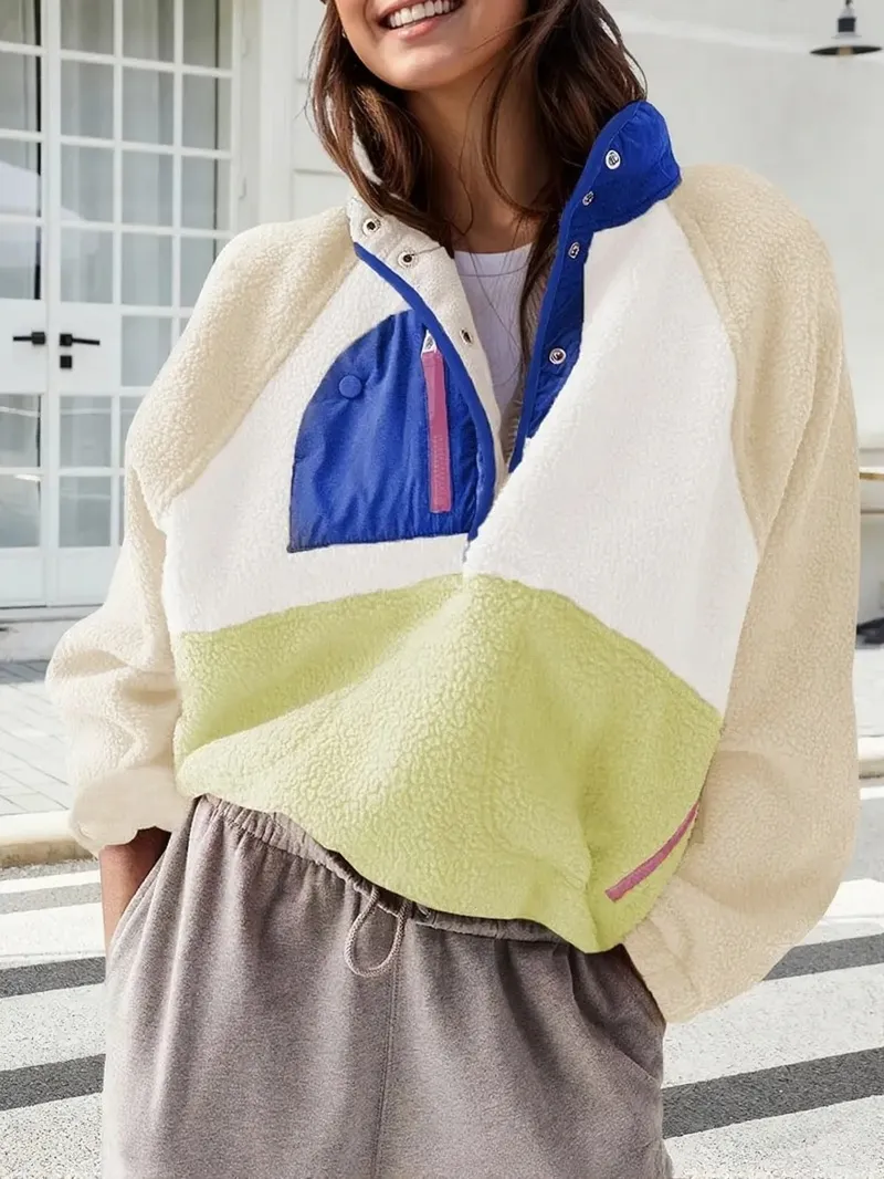 Women's Fashion Sweatshirt Fleece Stand Collar Zipper Pocket Top - Tan