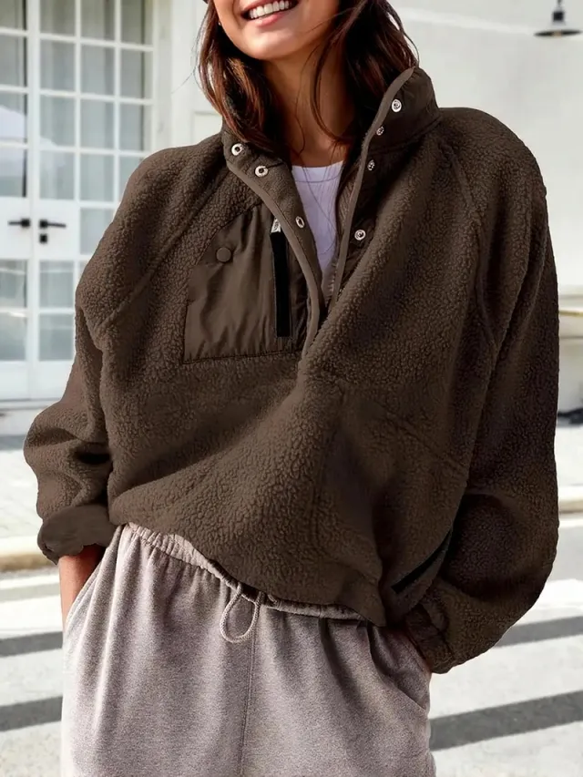 Women's Fashion Sweatshirt Fleece Stand Collar Zipper Pocket Top Brown - Shop at LoveMi
