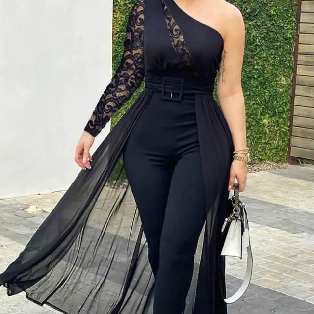 Lace Patchwork Asymmetrical Jumpsuit Black - Shop at LoveMi