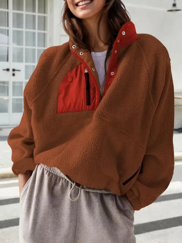 Women's Fashion Sweatshirt Fleece Stand Collar Zipper Pocket Top Coffee - Shop at LoveMi