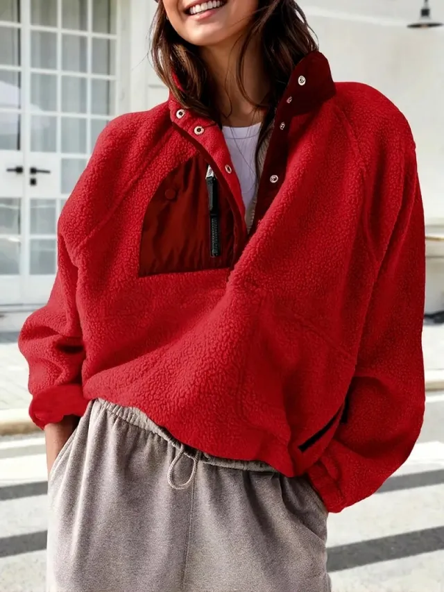 Women's Fashion Sweatshirt Fleece Stand Collar Zipper Pocket Top Red - Shop at LoveMi