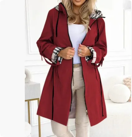 European And American Hooded Plaid Coat Red - Shop at LoveMi