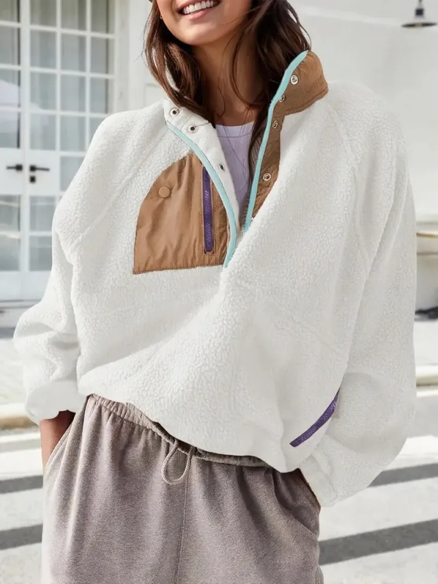 Women's Fashion Sweatshirt Fleece Stand Collar Zipper Pocket Top White - Shop at LoveMi