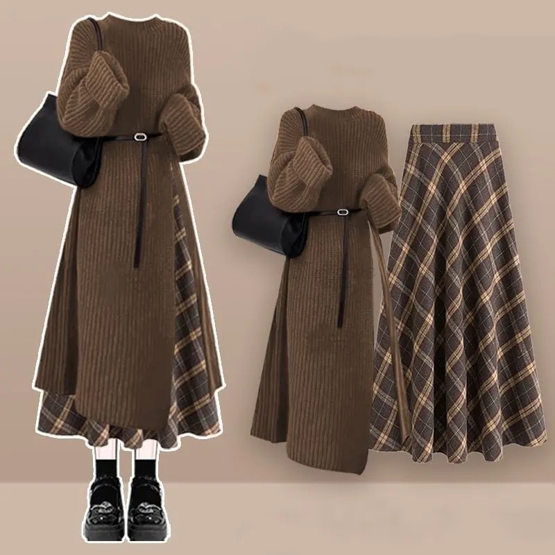 Fashion Knit Sweater Dress Shows Skirt Two-piece Set - Coffee Colour