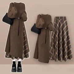 Fashion Knit Sweater Dress Shows Skirt Two-piece Set - Coffee Colour - View 1