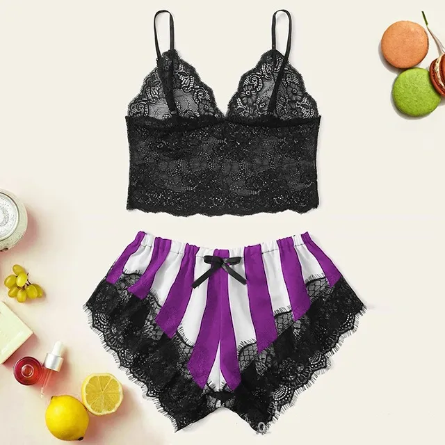 Women's Lace Home Striped Underwear Set White Purple - Shop at LoveMi
