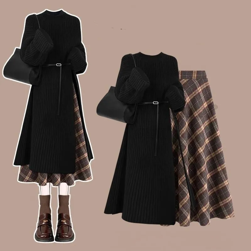 Fashion Knit Sweater Dress Shows Skirt Two-piece Set - Black