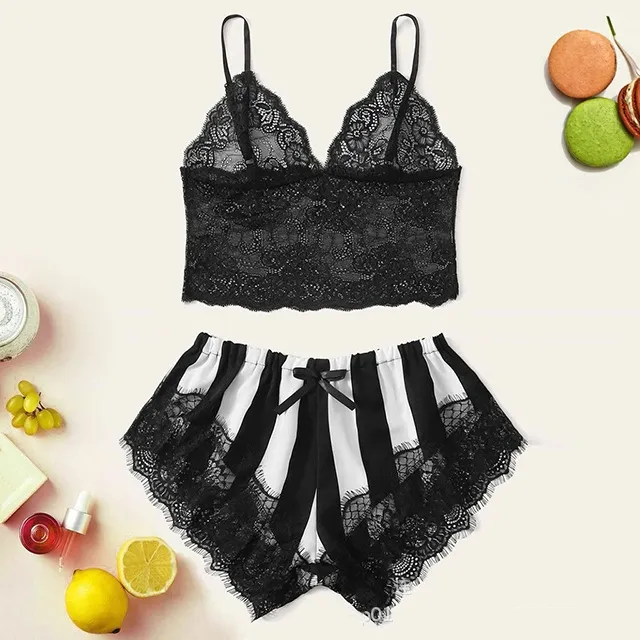Women's Lace Home Striped Underwear Set - Black