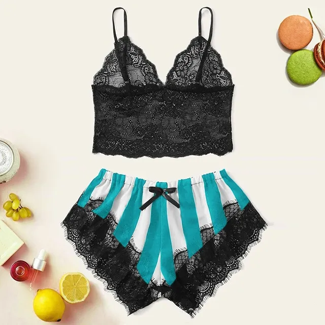 Women's Lace Home Striped Underwear Set - Green