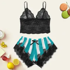 Women's Lace Home Striped Underwear Set - Green - View 1