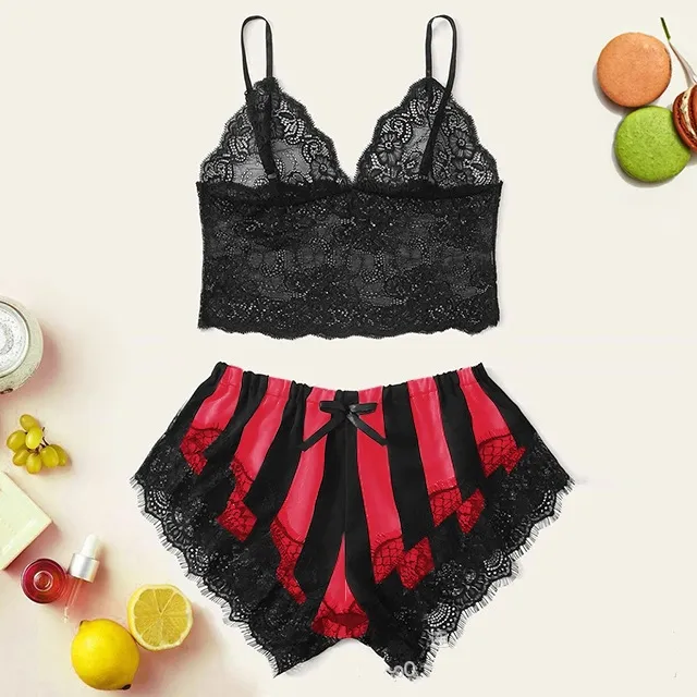 Women's Lace Home Striped Underwear Set - Black Red
