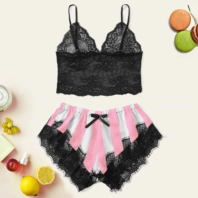 Women's Lace Home Striped Underwear Set - White Pink