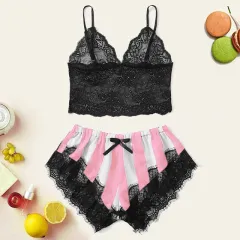 Women's Lace Home Striped Underwear Set - White Pink - View 1