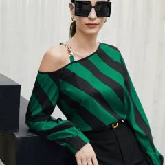 Asymmetrical Long Sleeve Loose Women's Shirt - Green - View 1