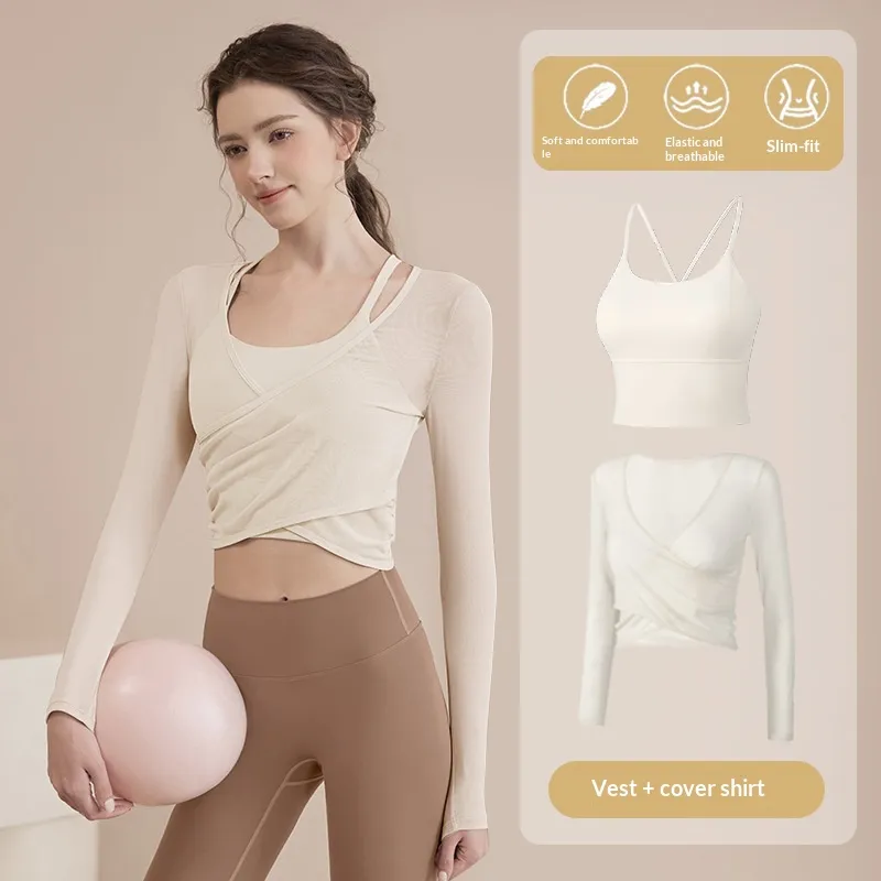 Spring And Autumn Solid Color Training Fitness Bra With Padding Pilates Set For Women - Beige