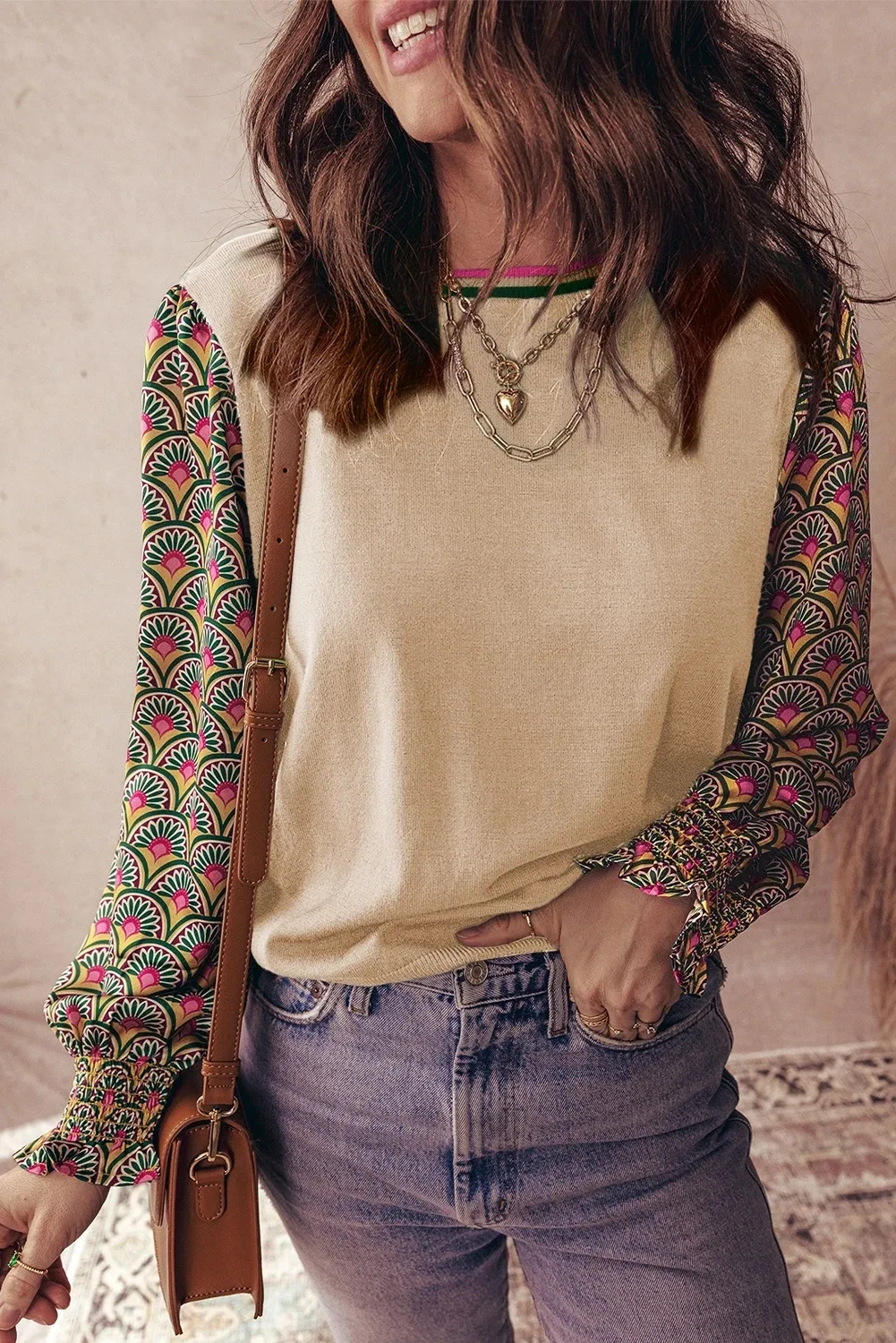 Floral Patchwork Pleated Cuff Puff Sleeve Sweater - Floral