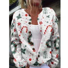 Round Neck Sweater Christmas Button Cardigan Long Sleeve Sweater - Sh1002408802 - View 1