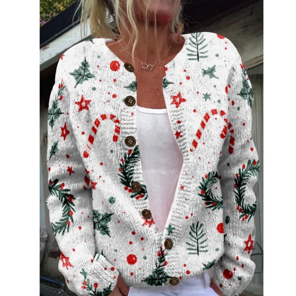 Round Neck Sweater Christmas Button Cardigan Long Sleeve Sweater - Sh1002408802