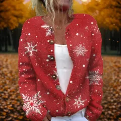 Round Neck Sweater Christmas Button Cardigan Long Sleeve Sweater - Sh10024088017 - View 1