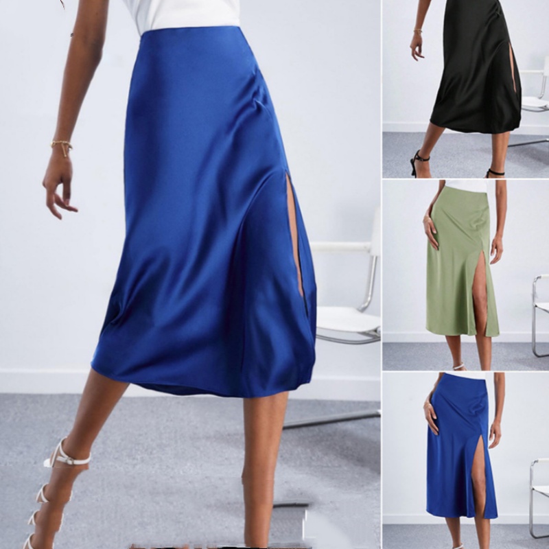 High-waist Satin Skirt, Slit Long Skirt, Satin Midi Skirt, Spring New Style