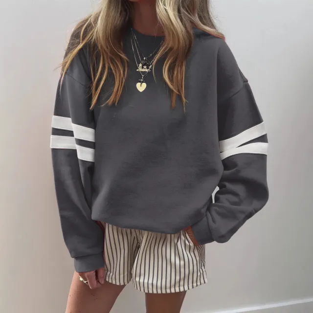Fiery Red Varsity Striped Detail Drop Shoulder Oversized Sweatshirt Dark Grey - Shop at LoveMi