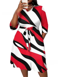 Fashion Print Casual Elegant V-neck Dress - Red - View 1