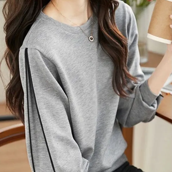 Color-blocked Niche Textured Long-sleeved Top - Gray