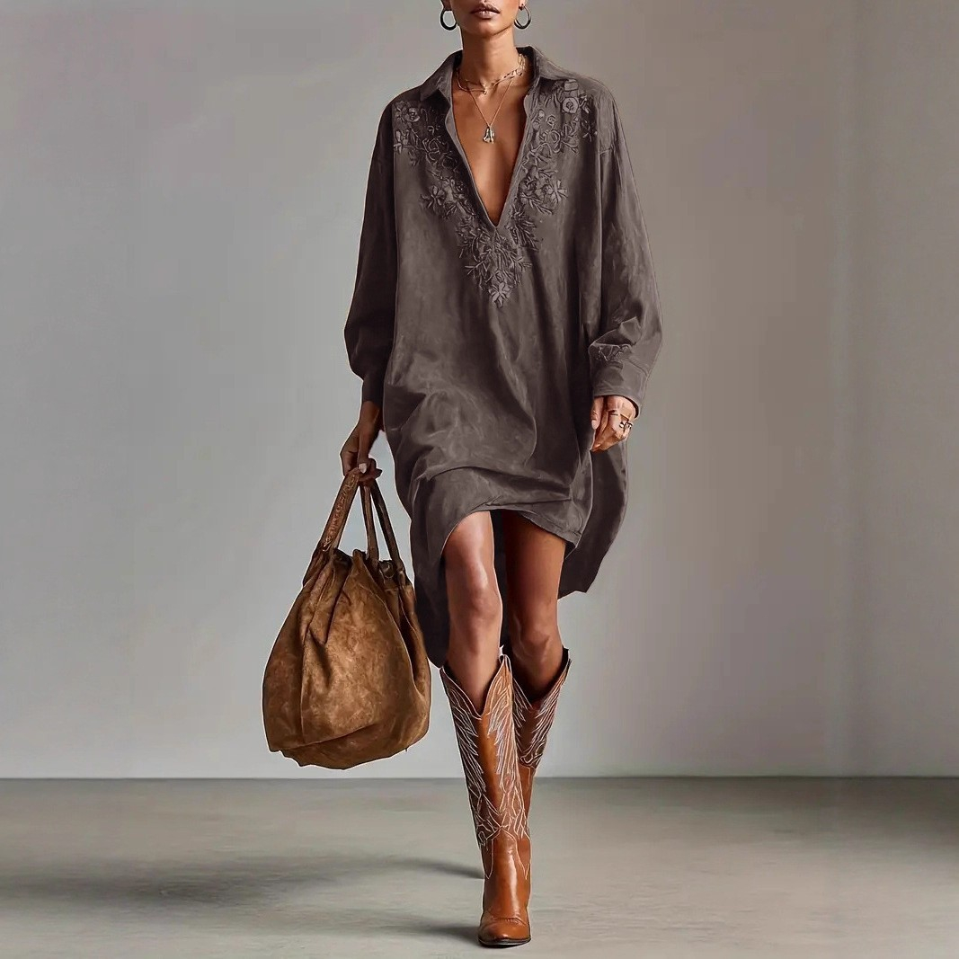 Heavy Embroidery V neck Long sleeve Suede Shirt Dress Coffee - Shop at LoveMi