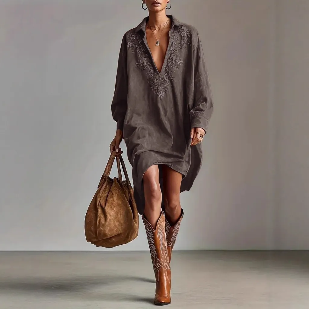 Heavy Embroidery V-neck Long-sleeve Suede Shirt Dress - Coffee