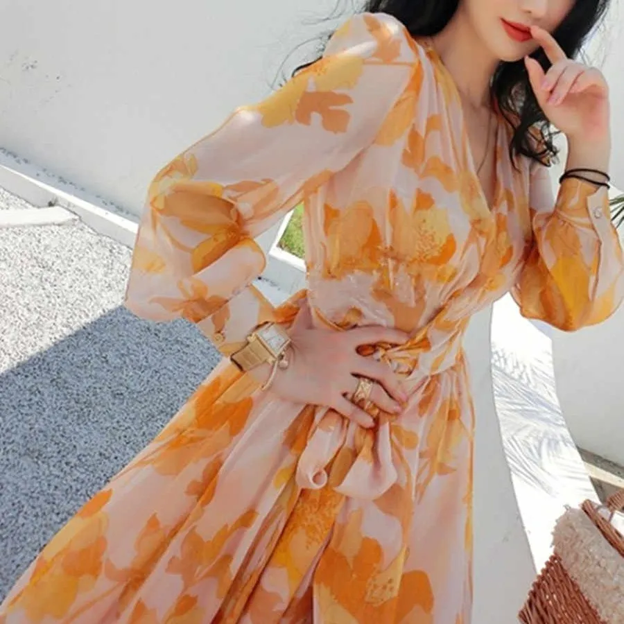 Chiffon Bandage Waist Temperament Holiday Dress - Yellow