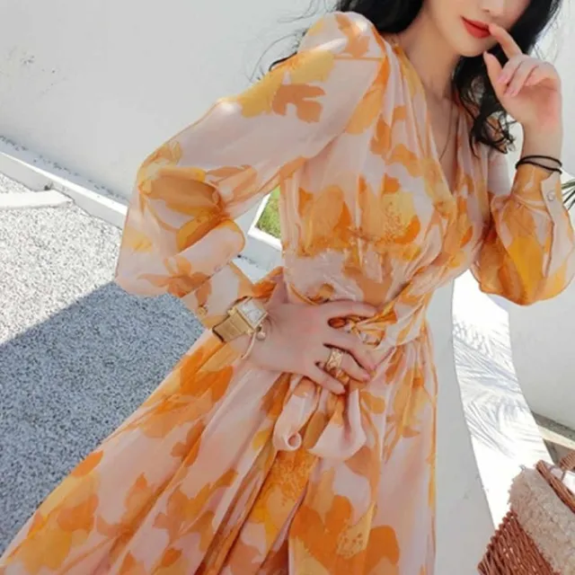 Chiffon Bandage Waist Temperament Holiday Dress Yellow - Shop at LoveMi