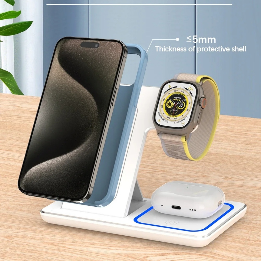 15W 3 In 1 LED Fast Wireless Charger Stand Foldable Charging Station For Smart Phone