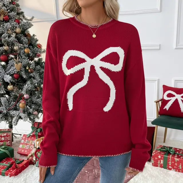 Autumn And Winter European And American Fashion Loose fitting Long Sleeves Round Neck Christmas Sweater Red - Shop at LoveMi