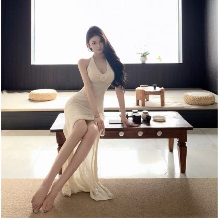 Sexy Backless Slit Strap Knit Dress For Women Apricot Beige - Shop at LoveMi